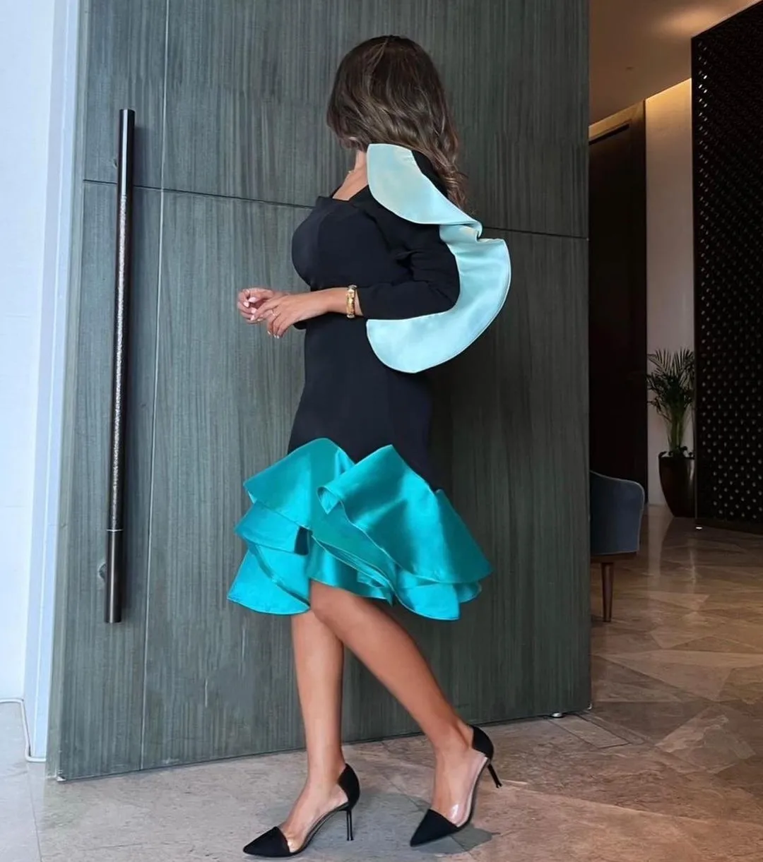 Fashionvane Abiti da ballo con collo personalizzato Colori di giunzione neri Abito da sera Cocktial Party Night Club Abiti da donna a maniche lunghe