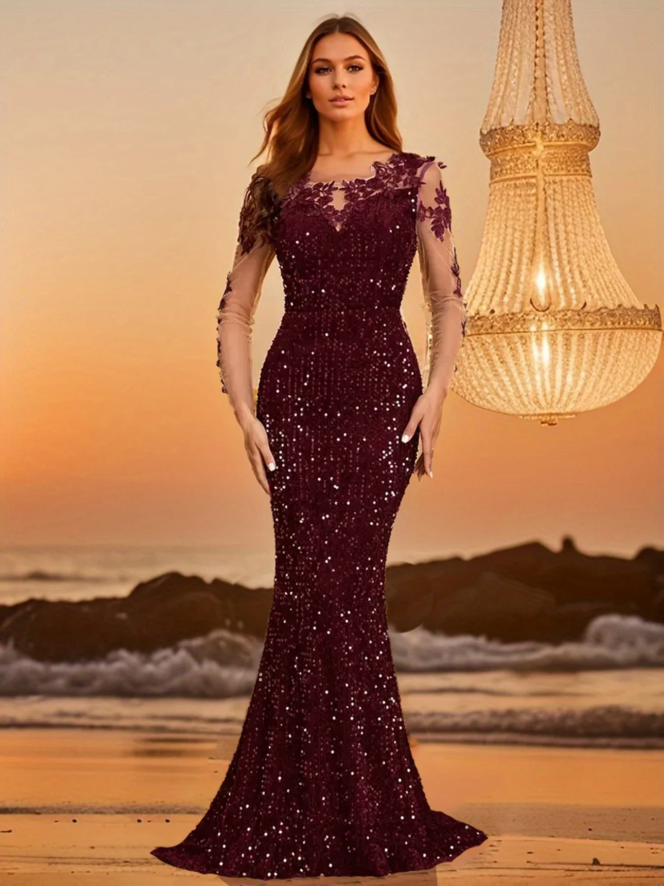 Full Sleeved Lace Patchwork Sequined Long Evening Dress Prom Gown for Women Green Burgundy