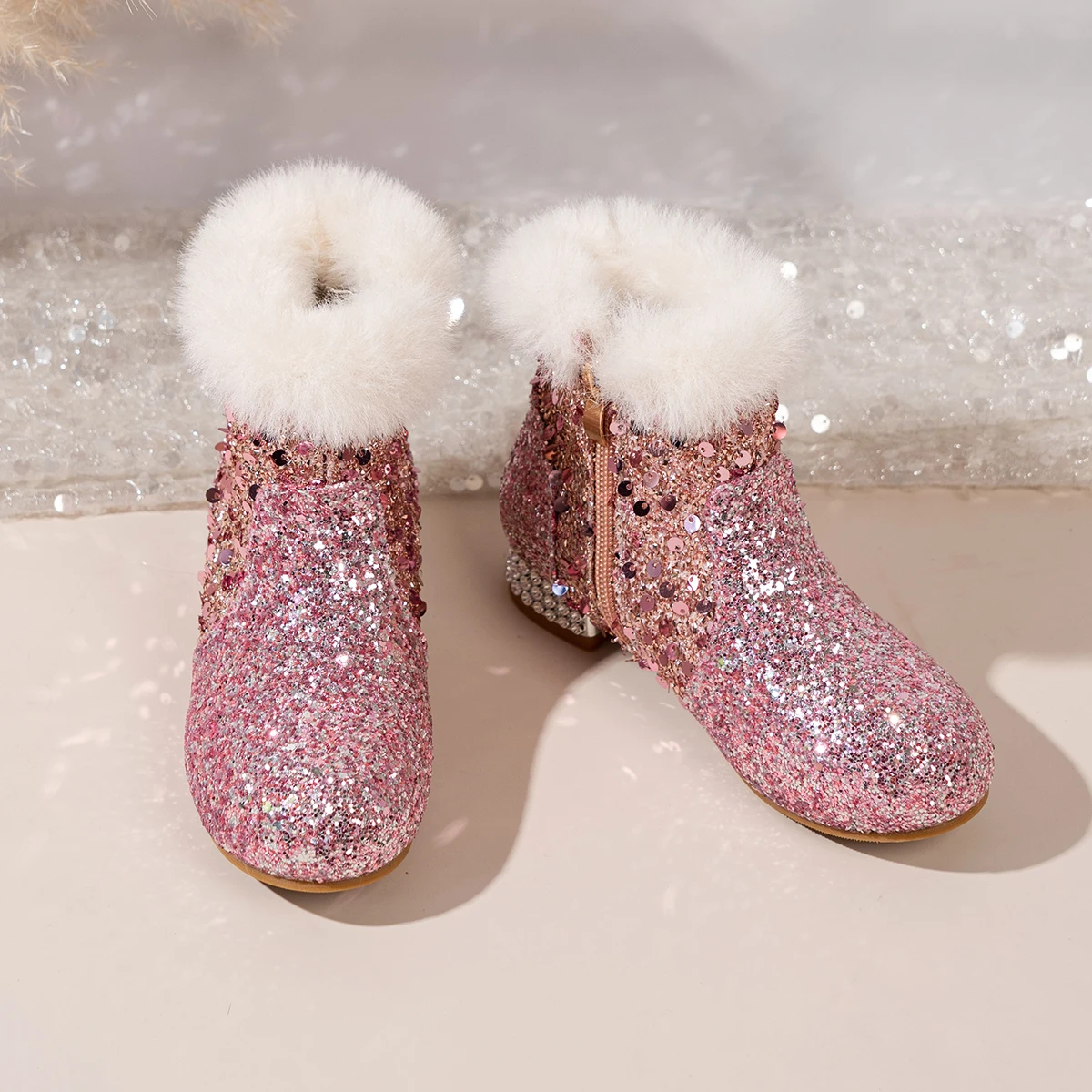 Girls Glitter Sequin Winter Dress Boots Kids Furry‑Cuff High‑Heel Princess Short Boots Children Plush Lined Party Shoes