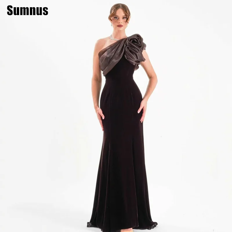 

Sumnus Charming Mermaid Prom Dresses One Shoulder Pleats Maxi Velvet Evening Dress جديد في الفساتين Customized