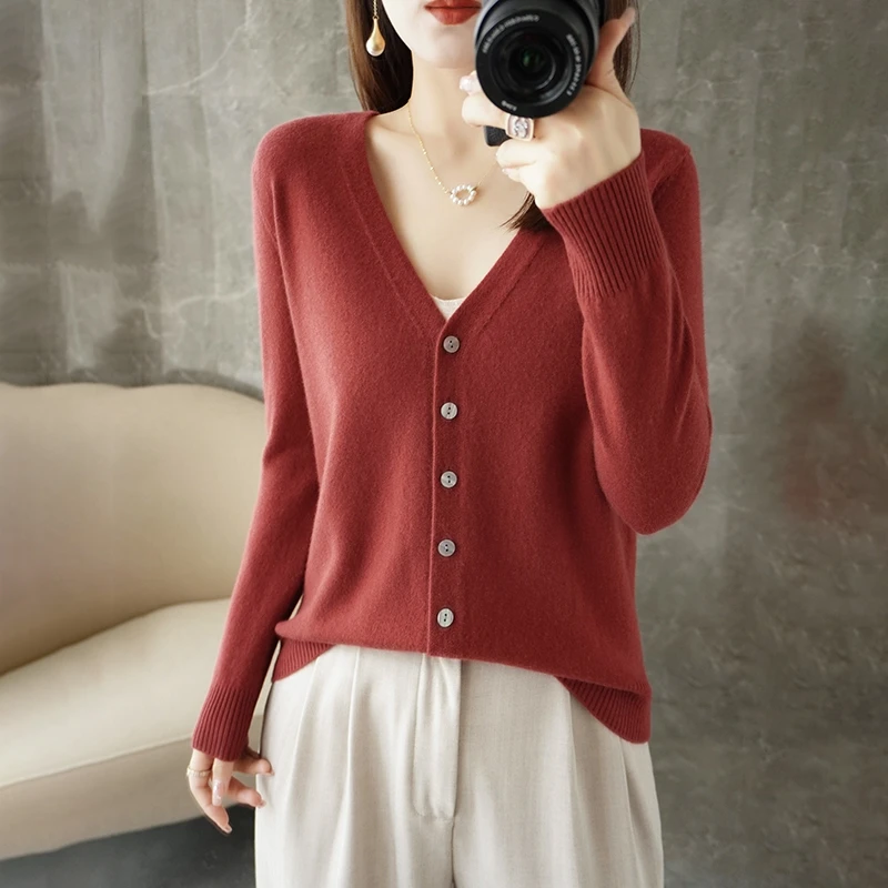 Women Fine Wool Cardigan V-neck Long Sleeve Sweater Autumn Winter Long Sleeve Outwea Casual Knitwear Solid Jacket Bottoming Tops