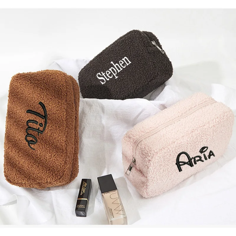 Personalized Embroidered Teddy Fur Pouch Teddy Makeup Bag Custom Name Travel Pouch Toiletry Bag Women Accessories for Women