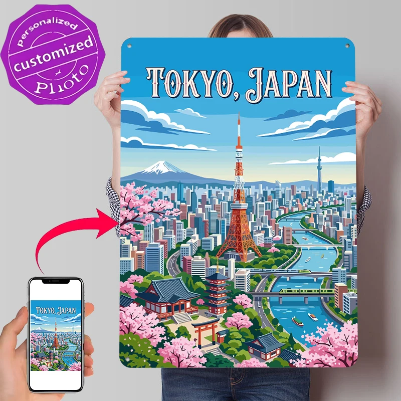 Retro Gaming Tokyo - Tokyo Cityscape With Cherry Blossoms Tinplate
