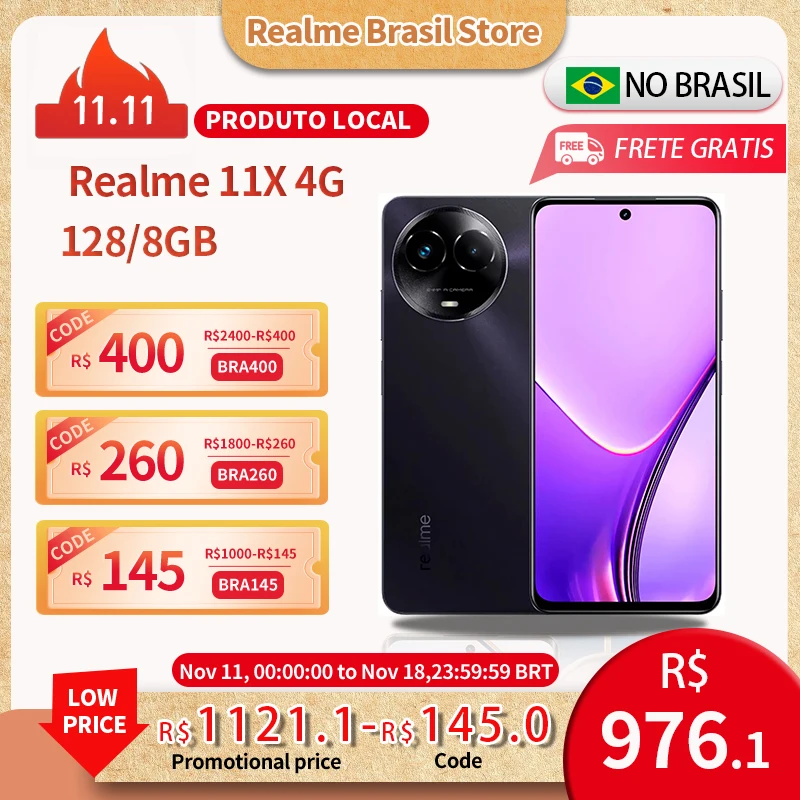 셀룰러 Realme 스마트폰, Envio do Brasil, 4G , ROM 글로벌, 프로세서 디멘시티 6100, 11X, 4G, 128GB ROM, 8GB RAM