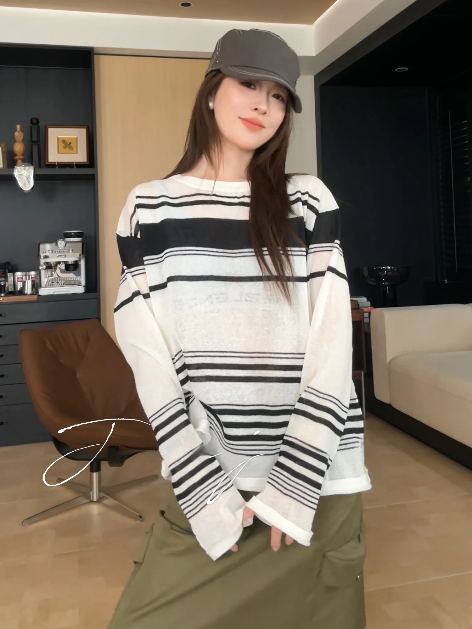 

Jaajaaa Lazy Sle Striped Long Sve T-irt Loose Fit Bla White Casual Spring 2026 Women's Faion Breathable Cotton Lin...
