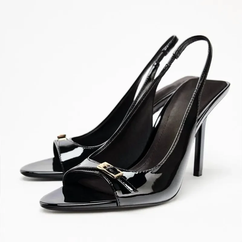 

Sexy Patent Leather Thin Heels Sandals Ladies Belt Buckle Open Toe Fashion Office Shoe Brand Elegant High Heels Dress Women Pump