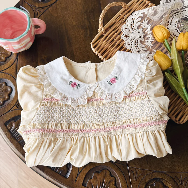 

2025Autumn Children's Clothing Embroidered Lace Trim Gathered Girls' Dress Doll Collar Long Sleeve Princess Dress