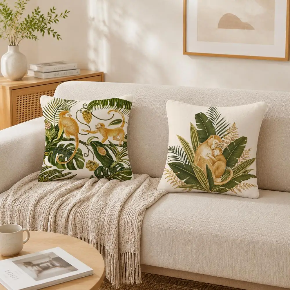 Monkey Tropical Jungle Pillow Case Double-Sided Plush Sofa Cushion Covers Organic Breathable Invisible Zipper