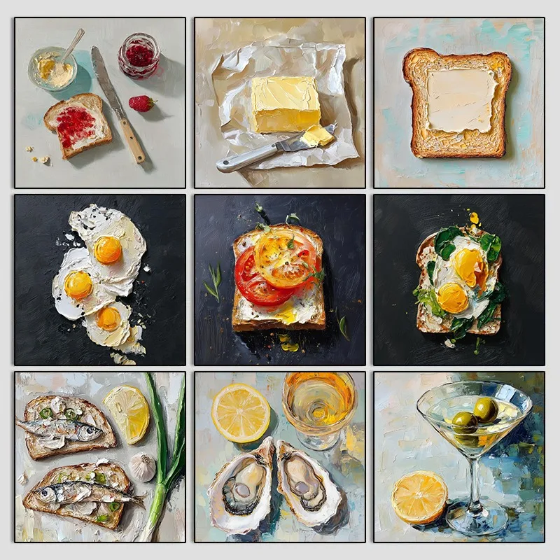 (No frame)Vintage Kitchen Food Still Life Oysters with Lemon Butter Cocktail Aesthetic Poster Canvas Painting Wall Art Pictur