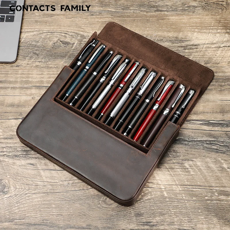 creative retro genuine leather 12-piece/slots travel pen case pen bag storage box with magnetic lock removable 12-slots drawer