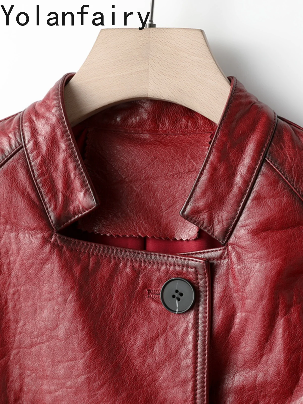 YOLANFAIRY chaqueta de piel de oveja auténtica para mujer 2025, capa roja Vintage, abrigo de cuero auténtico, chaquetas cortas de cuero a la moda para mujer