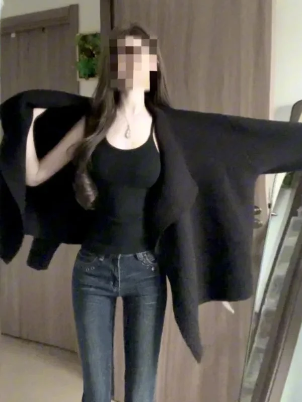 

Модный черный свитер Hebe в корейском стиле, женский вязаный топ с длинным рукавом и V-образным вырезом, цельный домашний комплект