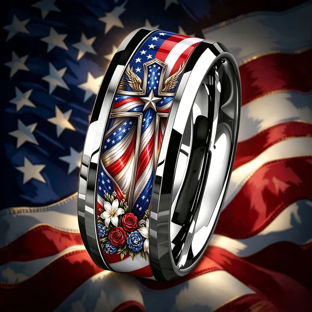 Vintage American Flag Jesus Cross Ring Retro Stainless Steel Rings for Men Religious Jewelry Anniversary Gift Anillos Hombre