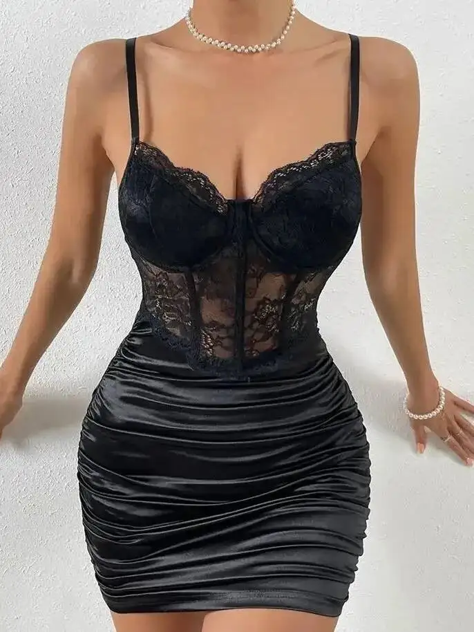 Elegancka sukienka bez rękawów dla kobiet, nowa moda, seksowna koronka, plisowana spódnica z kwiatowym wzorem, dopasowana sukienka Y2k, sukienki damskie 2SQ