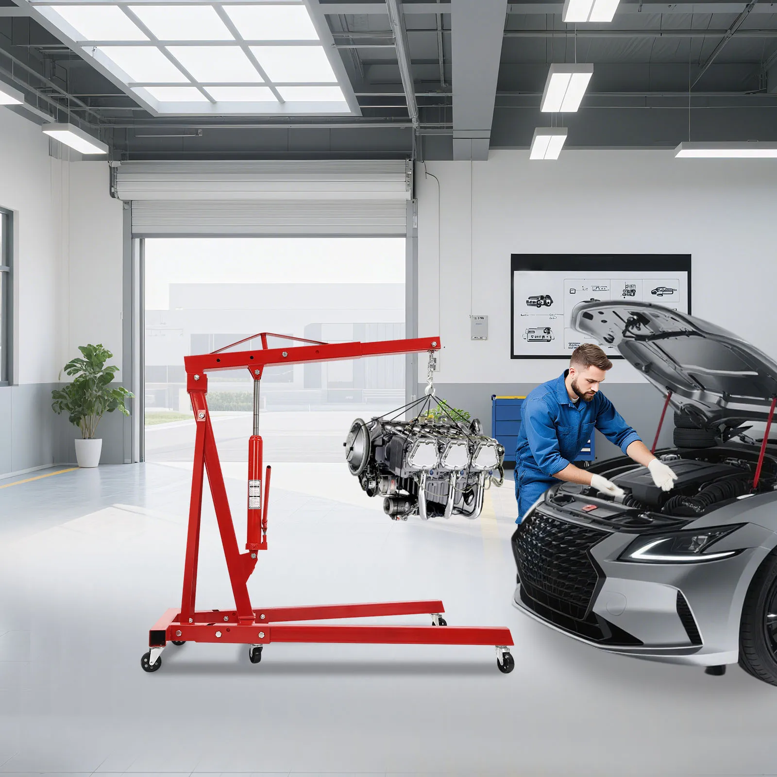 

2T Folding Engine Hoist，High Lifting Hoist,Heavy Duty Carbon Steel Picker With 6 Iron Caster Wheels,For Lifting Heavy Objects