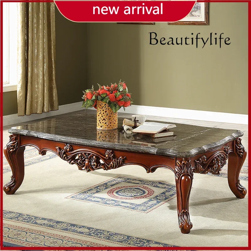 

BJ Coffee Table American Retro Corner Table European Pure Solid Wood Coffee Table Log Carved Natural Marble Panel