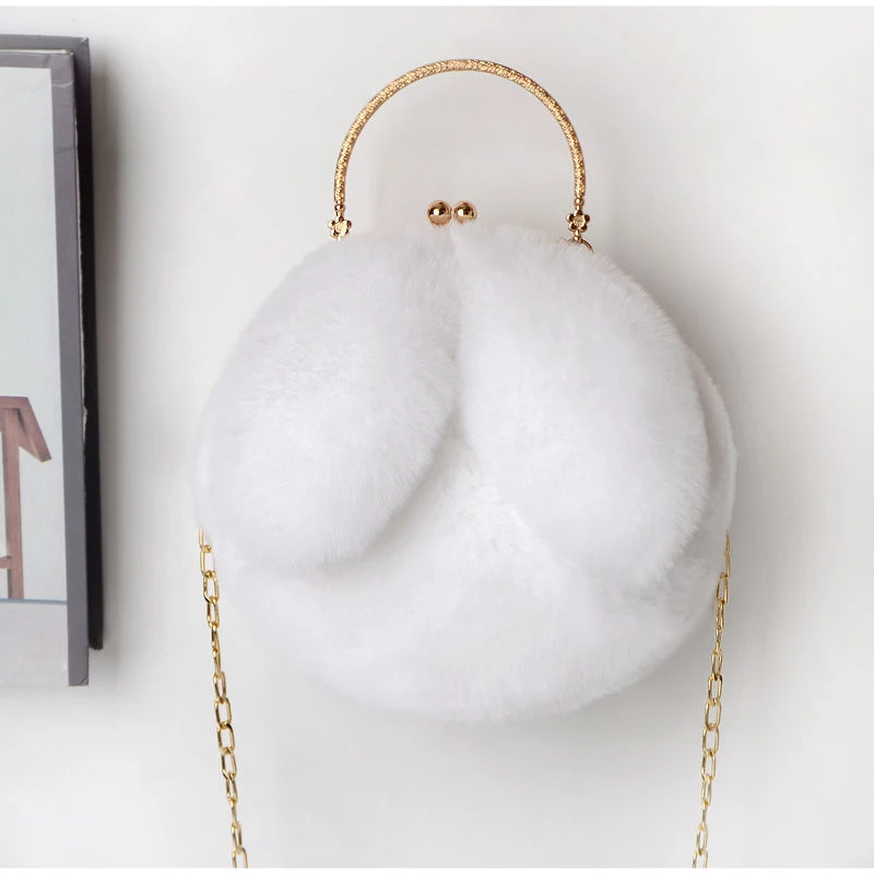 Weiche, flauschige Plüsch-Handtasche mit Henkel, niedliche Umhängetasche mit Hasenohren und Kette, warme Winter-Clutch, leichte Handytasche – Detail 21