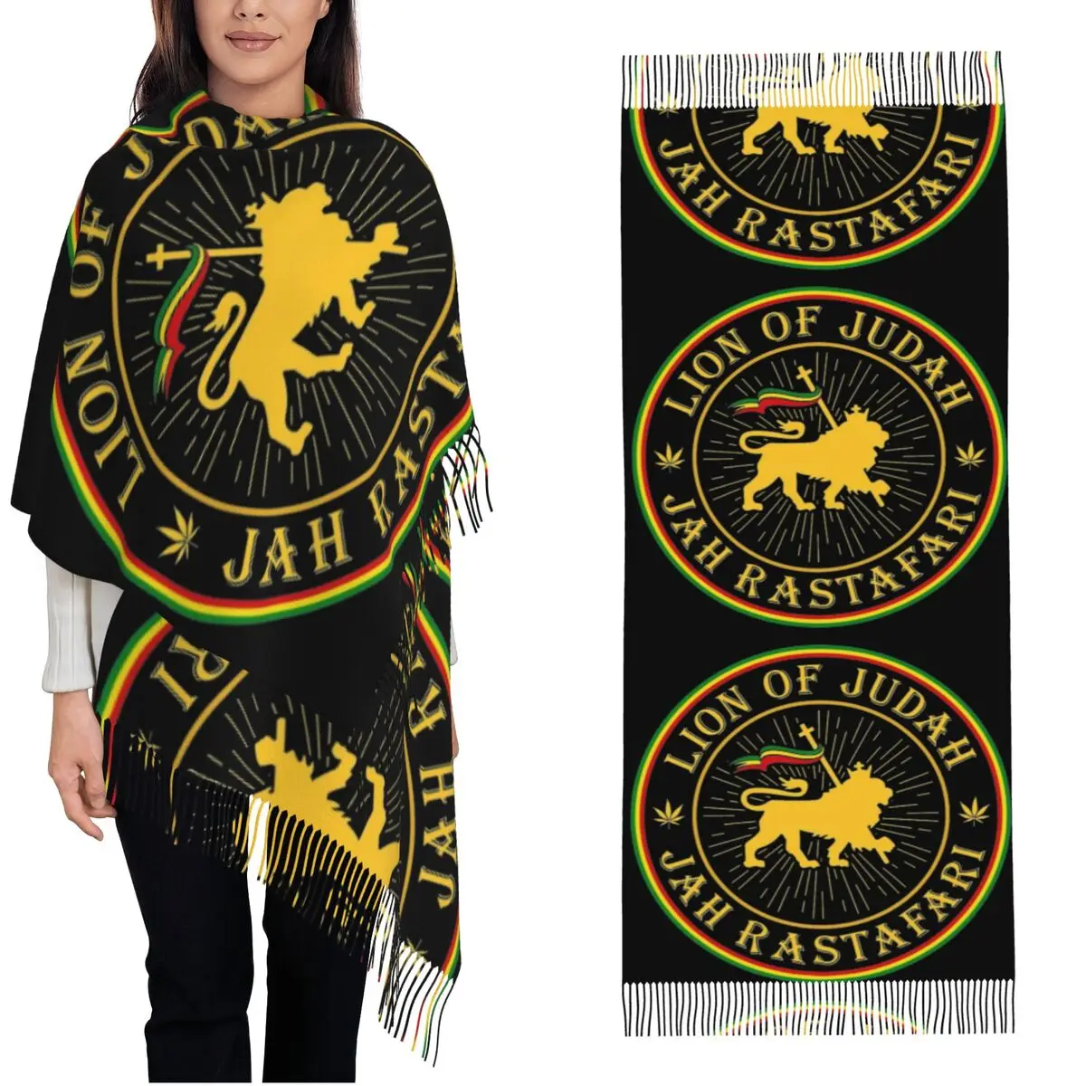 Jah Rastafari Rasta Lion Of Judah Shawls Wraps Womens Warm Long Soft Scarf Pashmina Tassel Scarves