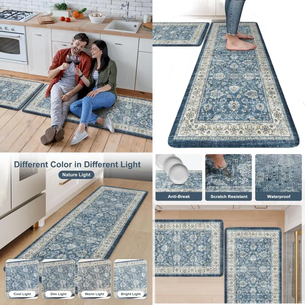 

Anti-Fatigue Cushioned Kitchen Mats, Bohemian Style Rug Set of 2, Blue Floor Mats, Padded Non-Slip Mats for Kitchen, Sink, Laund