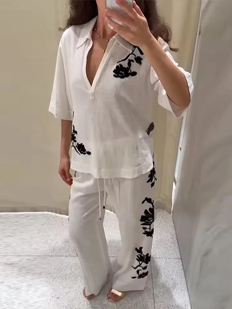 ผูกสบายๆกางเกง 2 ชิ้นชุดผู้หญิงเย็บปักถักร้อยเอวสูงกางเกงชุดสตรี 2025 2 ชิ้นผู้หญิงชุด ﻿