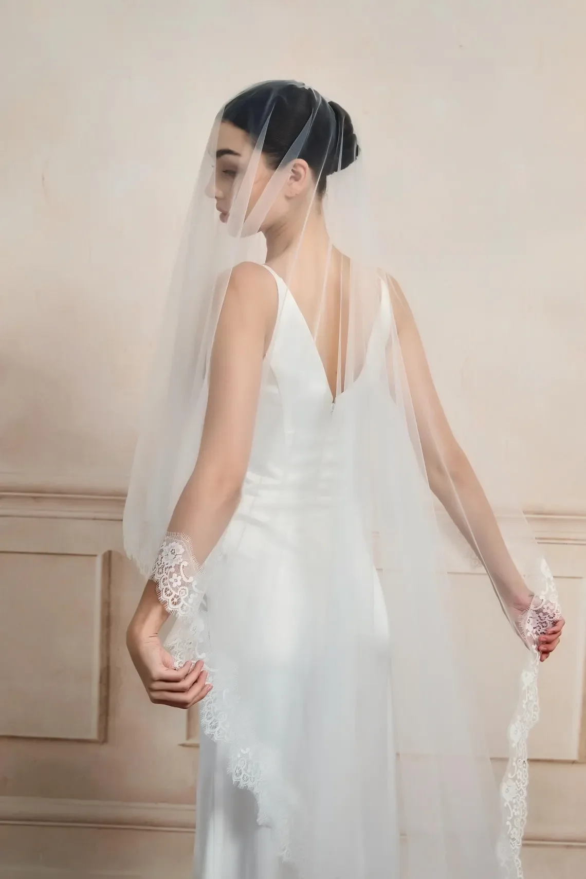 Off-White / Ivory Lace Cathedral Wedding Veil, 2‑Tier Bridal Veil with Blusher, Custom Length
