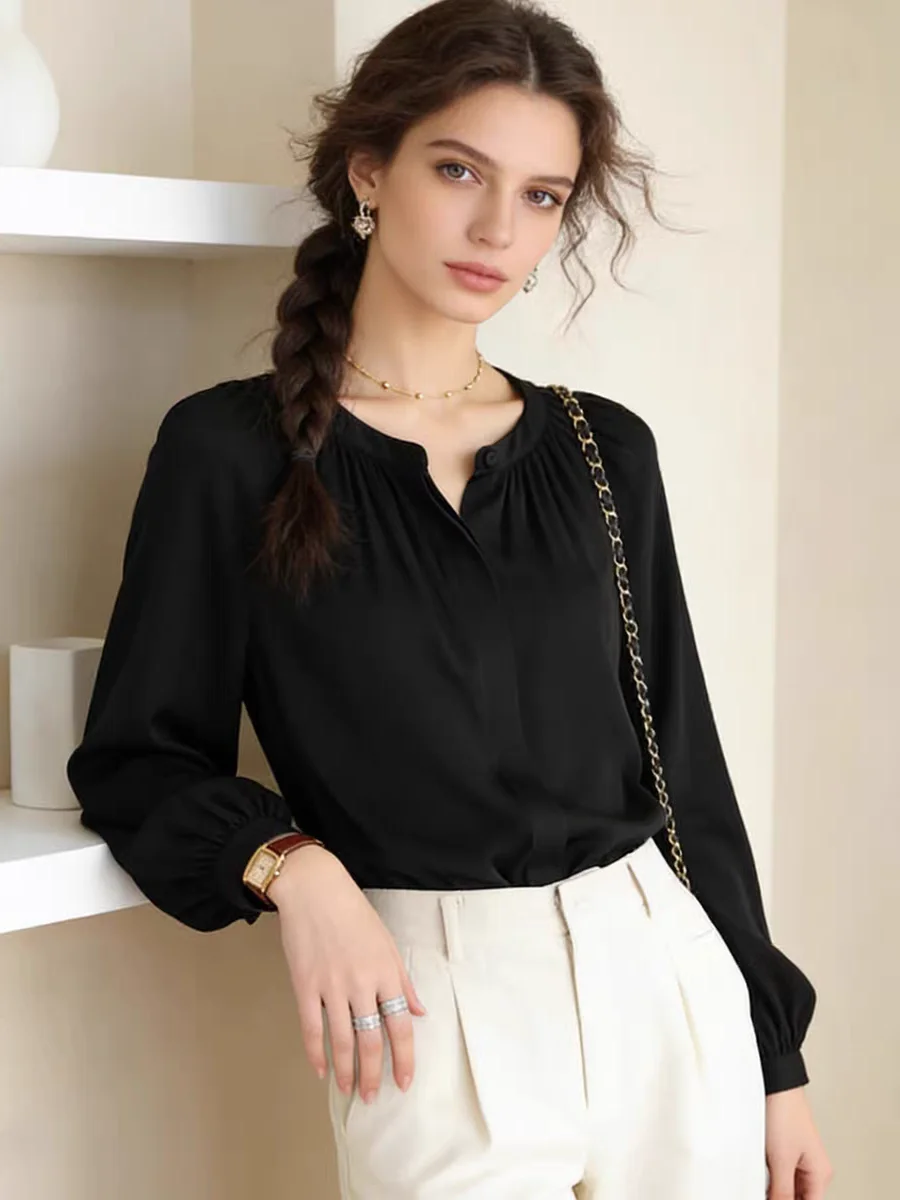 

Новая весенняя женская элегантная черная шифоновая блузка с V-образным вырезом, свободного кроя, с длинным рукавом, в корейском стиле, для офиса и повседневной носки
