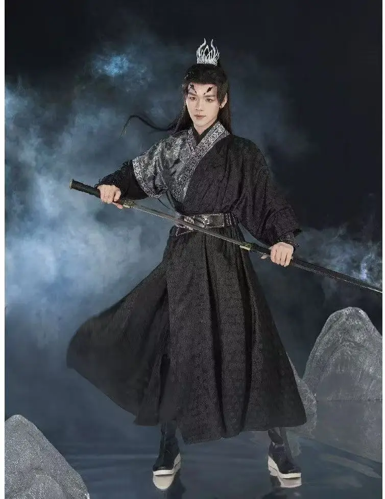 

Dark Black Men's Hanfu Ancient Tang Dynasty Wuxia Martial Round Neck Robe Stylish Boys Halloween Event Swordsman Cosplay Suit