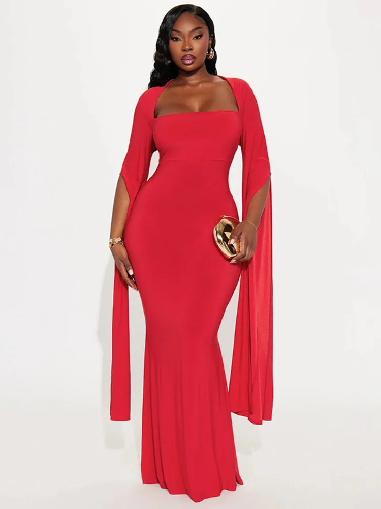 Articat élégant châle ruban longue robe femmes Sexy col carré coupe ajustée Stretch fête Club robe de soirée hiver nouvelles robes