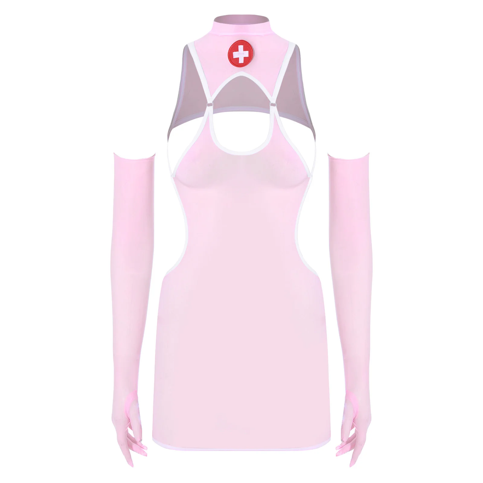

Women's Lingerie See Through Nurse Cosplay Outfit High Collar Backless Mini Dress with Gloves for Couple Games Dating Nightwear