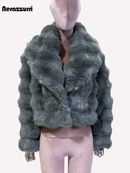 Nerazzurri Winter Thick Warm Striped Short Faux Chinchilla Fur Coat Women Shawl Collar Long Sleeve Luxury Chic Fluffy Jacket