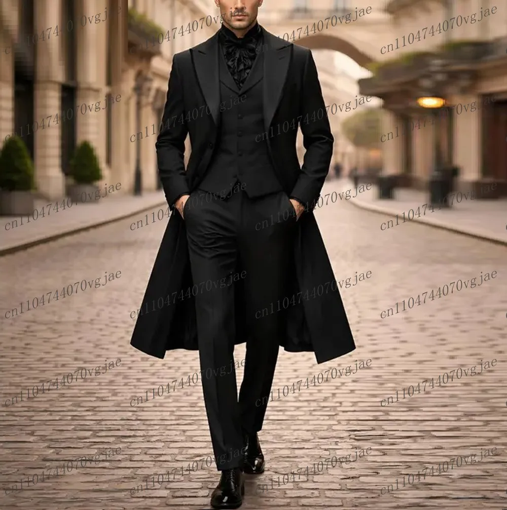 Long Black Blazer Men Suit Formal Occasion Wedding Party Groom Groomsman Business Male Tuxedos 3 Piece Set Jacket Vest Pants