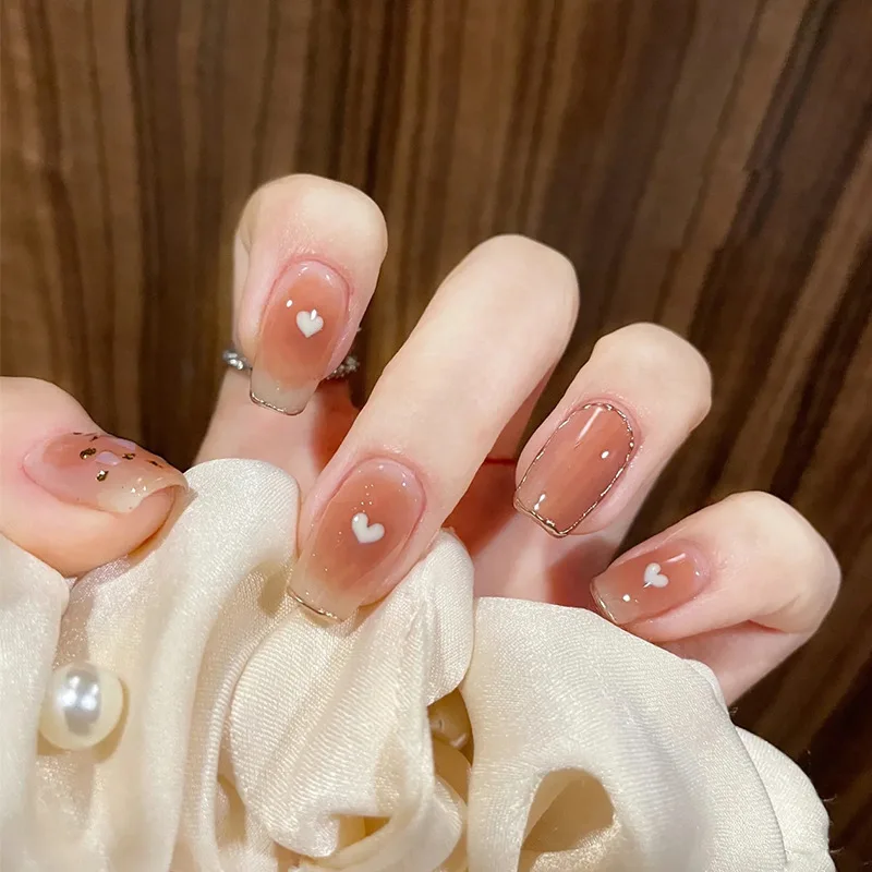 24pcs Sweet Pink Blush Press on Nails Heart Glitter Rhinestone Stick on Nails French Bowknot False Nails Short Square Nail Tips view 6