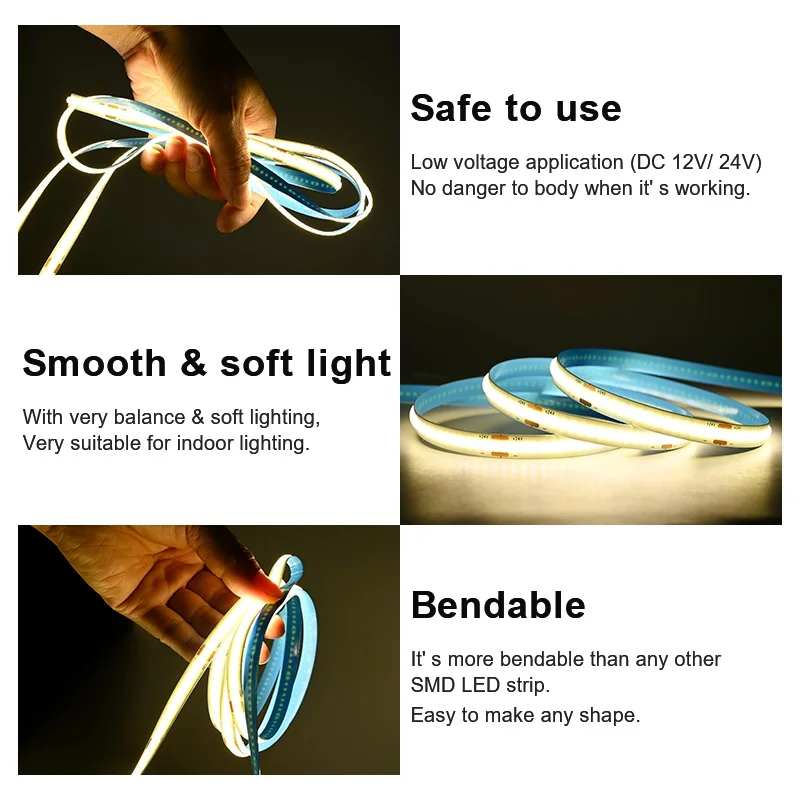شريط إضاءة LED COB بطول 5 أمتار و10 أمتار، 320 مصباح LED/م، شريط LED مرن عالي الكثافة FCOB، شريط إضاءة خطي قابل للتعتيم، تيار مستمر 12 فولت 24 فولت
