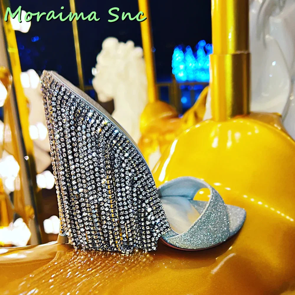 

Silver Bling Crystal Fringe Slides Stiletto High Heel Luxury Women Shoes Summer Slippers Sexy Pointed Toe Slip On Solid Fashion