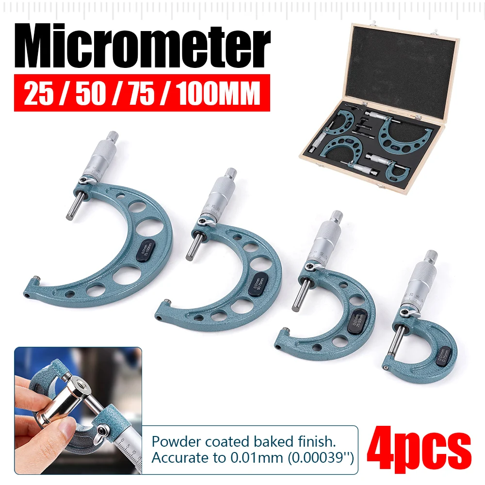 4-teiliges Außenmikrometer-Set, Werkzeug für Maschinisten, 0-4" 0-100mm, 4 Präzisionsmikrometer mit 0,01mm Genauigkeit, Hartmetall-Mikrometer-Set, Messwerkzeuge – Detail 6