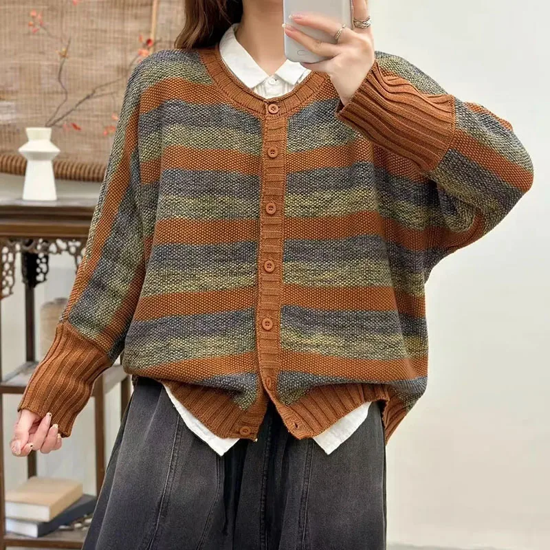 

Ретро модный полосатый кардиган соответствующего цвета, вязаный женский новый свитер, весенне-осенний женский свободный свитер с круглым вырезом, искусство