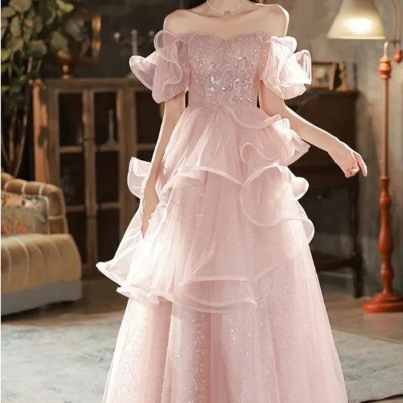 

Женское сетчатое многослойное вечернее платье на одно плечо с пайетками, модное утягивающее милое художественное экзаментное супер сказочное розовое платье