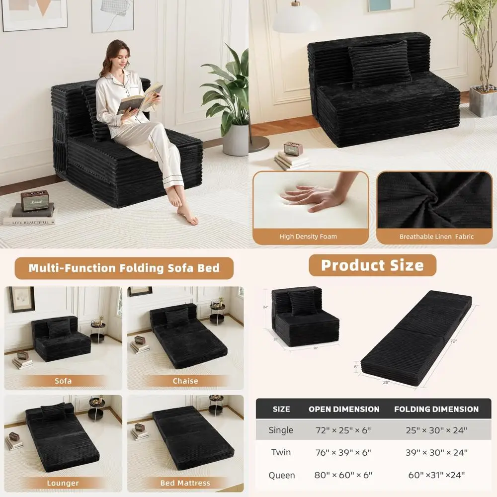 

1 in 1 Multifunctional Folding Sofa Bed - Single Convertible Sleeper Chair with Pillow, Fold-Out Couch, High-Density Foam Mattre