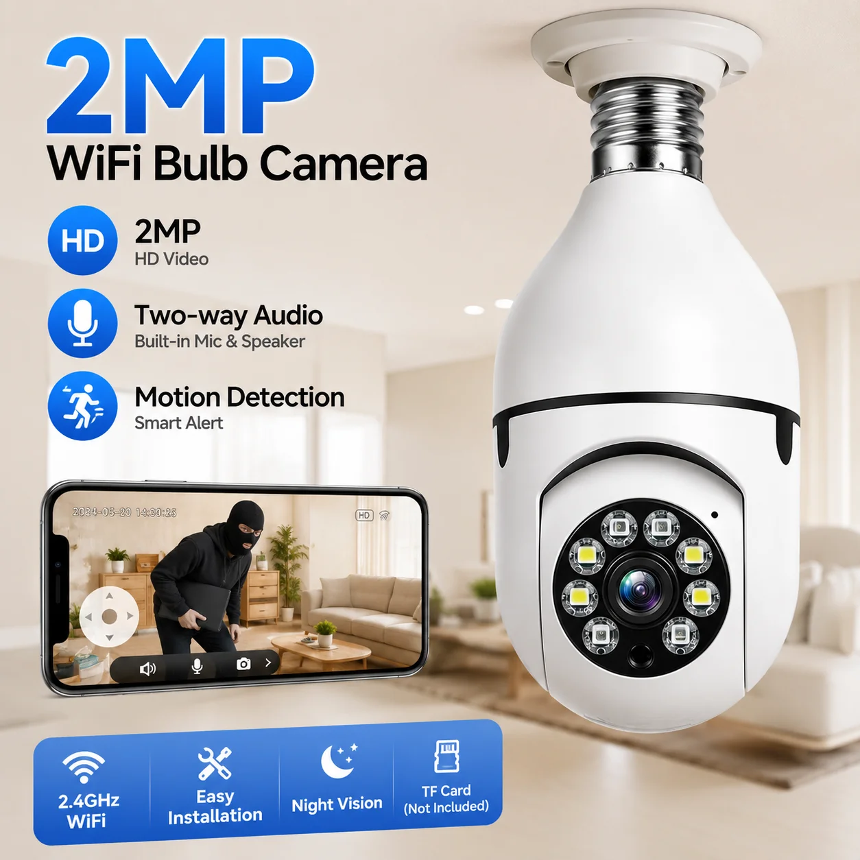 Wifi Bulb E27 Surveillance Camera Full Color Night Vision Automatic Human Tracking Zoom Indoor Security Monitor Wifi Camera