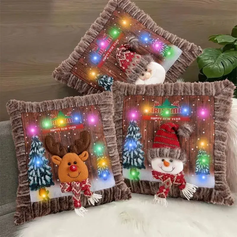 

Christmas Light-Up Pillowcase Santa Elk Snowman Light Pillowcase Living Room Sofa Led Christmas Plush Luminous Hug Pillowcase