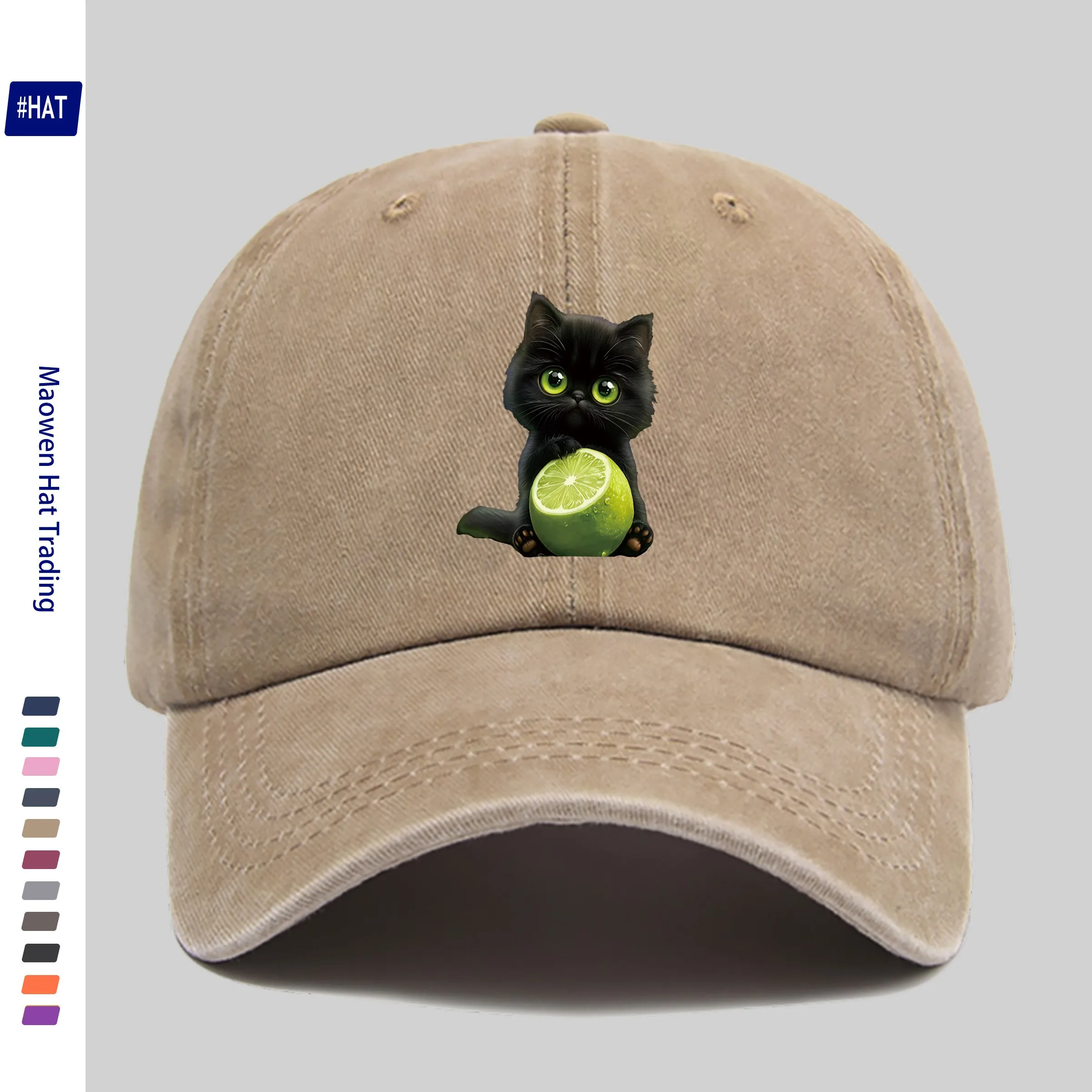 Vintage Distressed Adjustable Sports Cap Washed Hat with Cool Summer Lemon and Cute Pet Cat Animal Pattern