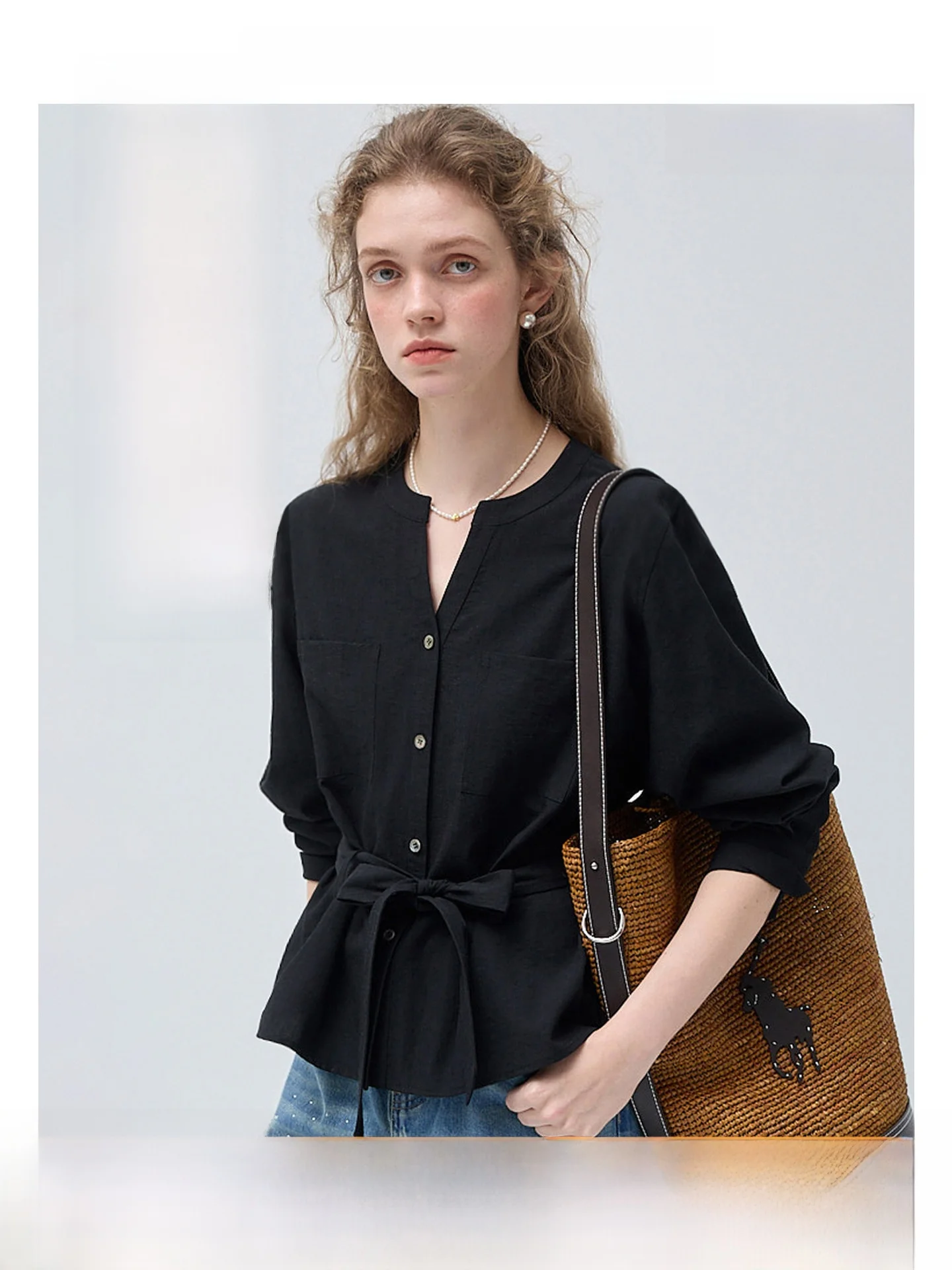 

Classic VEGA CHANG Women's Bla irt Waist-Cinching Spring 2026 New Sle Commute Simple Loose Fit Long Sve V-Ne