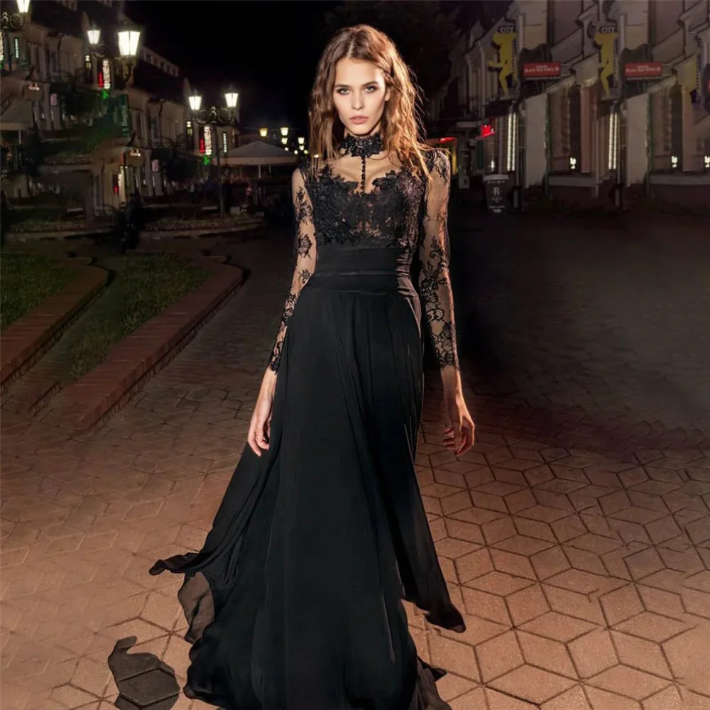 

Vintage Long Black O Neck Tulle Prom Dresses Full Sleeves with Appliques A Line Sweep Train فساتين للمناسبات الرسمية