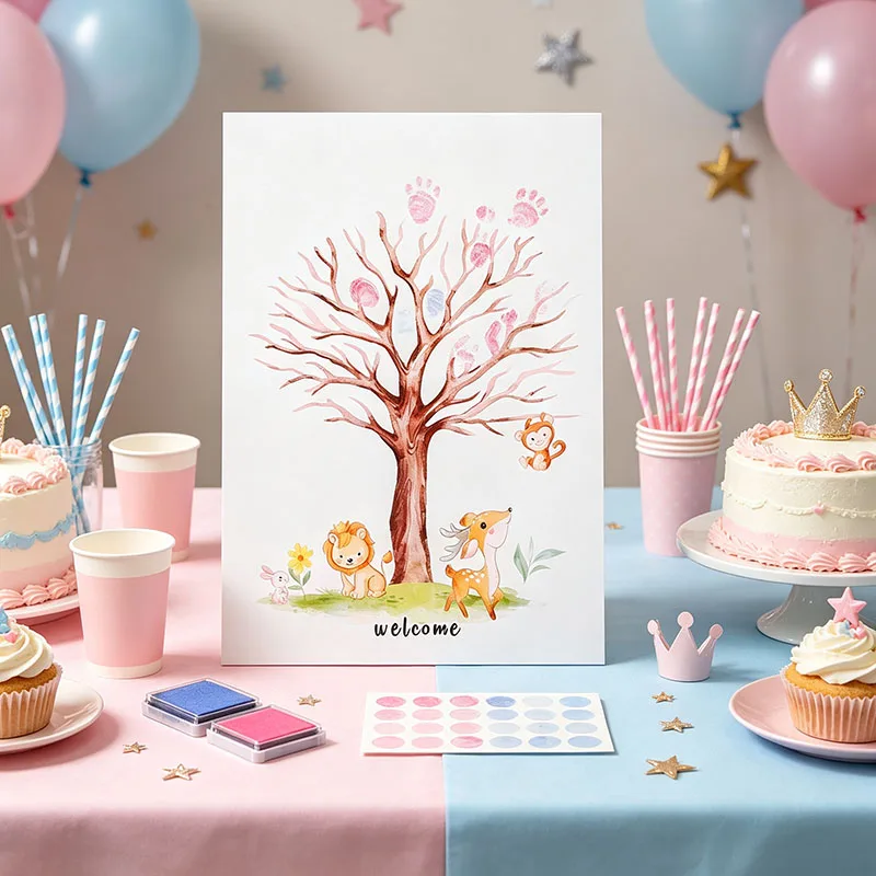 Fingerabdruck-Nachrichtenbuch-Set mit Geschlecht offenbaren, Baumschmuck aus Kunststoff für Babyparty, Partyschild, Geschenkidee – Detail 6