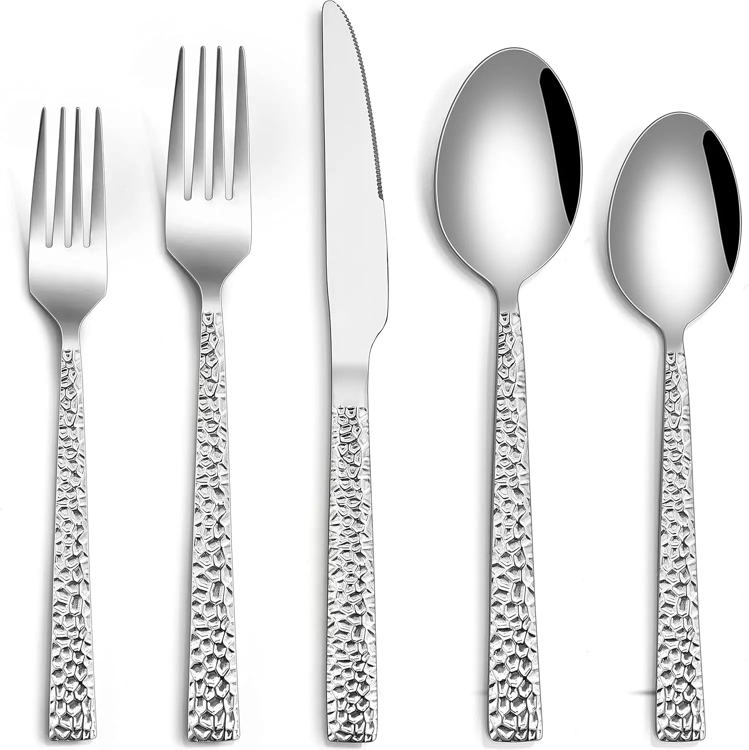 

60-Piece Stainless Steel Flatware Set for 12, Modern Hammered Silverware with Mirror Polish - Dishwasher Safe
