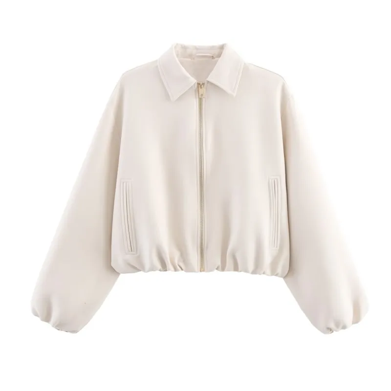 

HipSeam Puffed Zip Up Jacket Women Casual Vintage Lapel Collar Women's Coats 2025 Autumn New Pocket Female Jackets