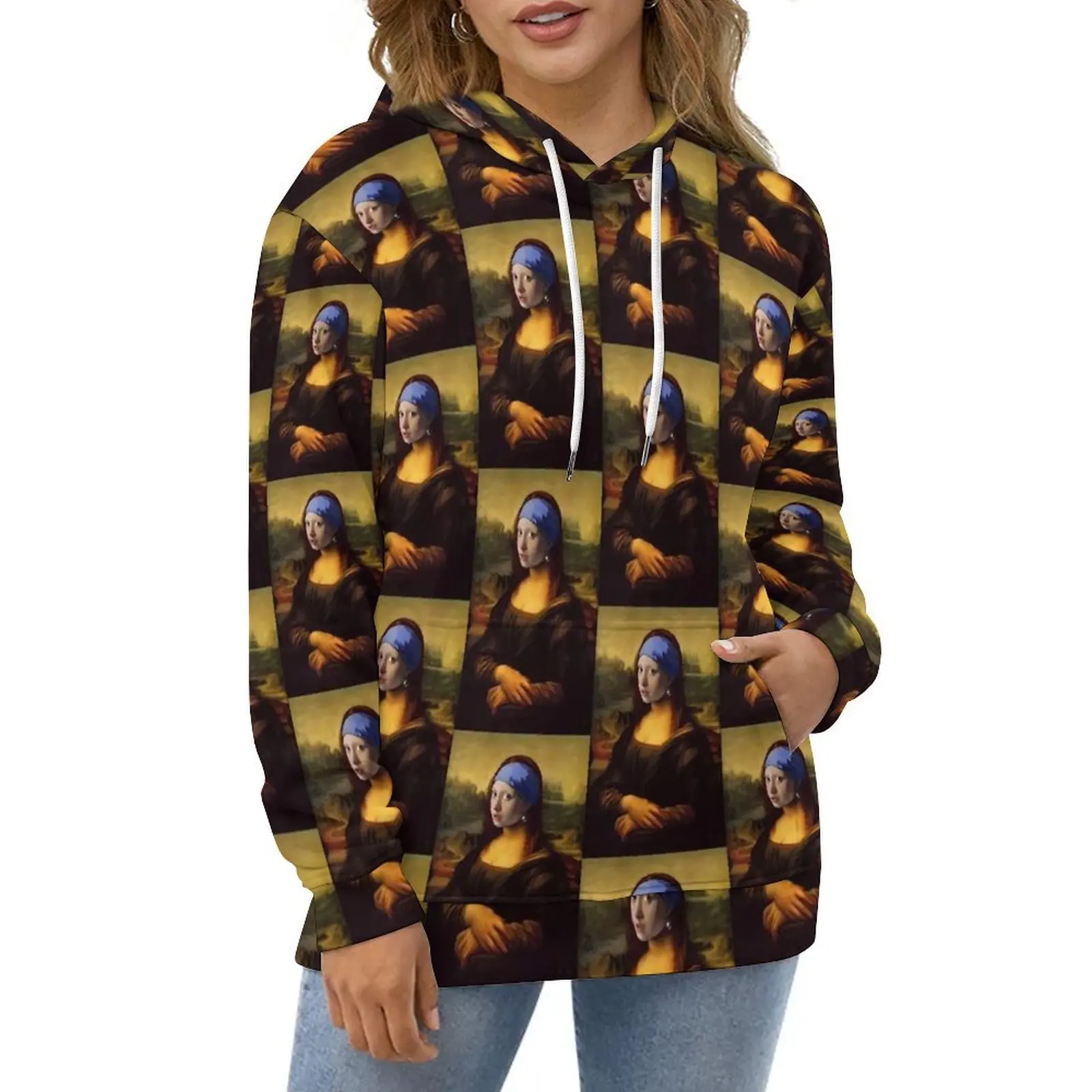 

Mona Lisa with A Pearl Earring Casual Hoodies Funny Y2k Hoodie Couple Long Sleeve Hip Hop Custom Loose Oversize Clothes