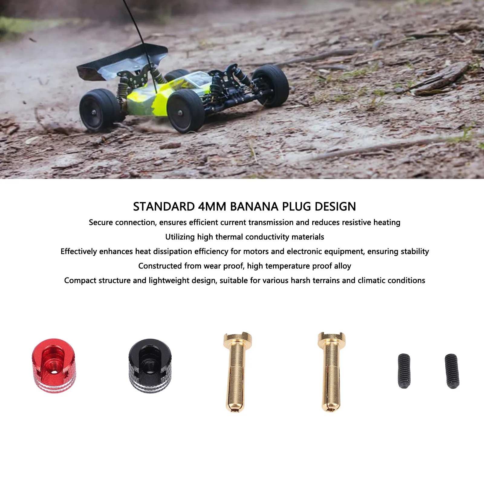 2PCS RC Heatsink Plug Connectors Grips Alloy 4mm Banana Battery Heatsink Plugs for 1/10 RC Crawler Cars Black and Red