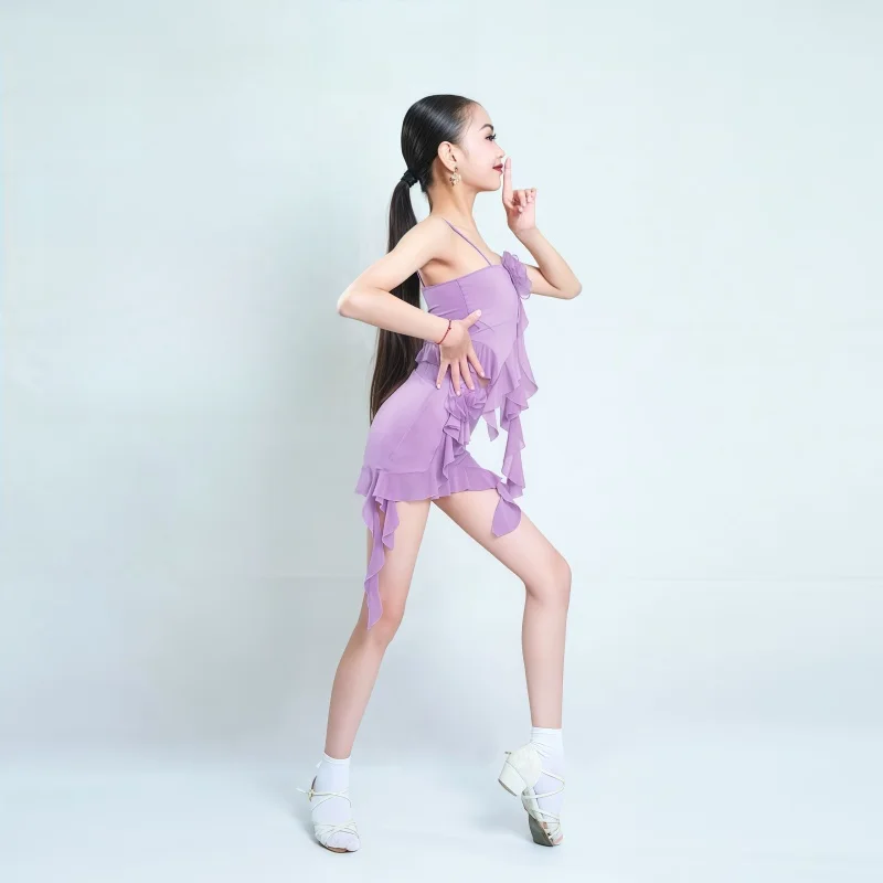 2025Nueva ropa de práctica de baile latino Cha-cha Rumba para niñas de verano, ropa de práctica de sensación de alta gama para niños, ropa de entrenamiento de baile latino