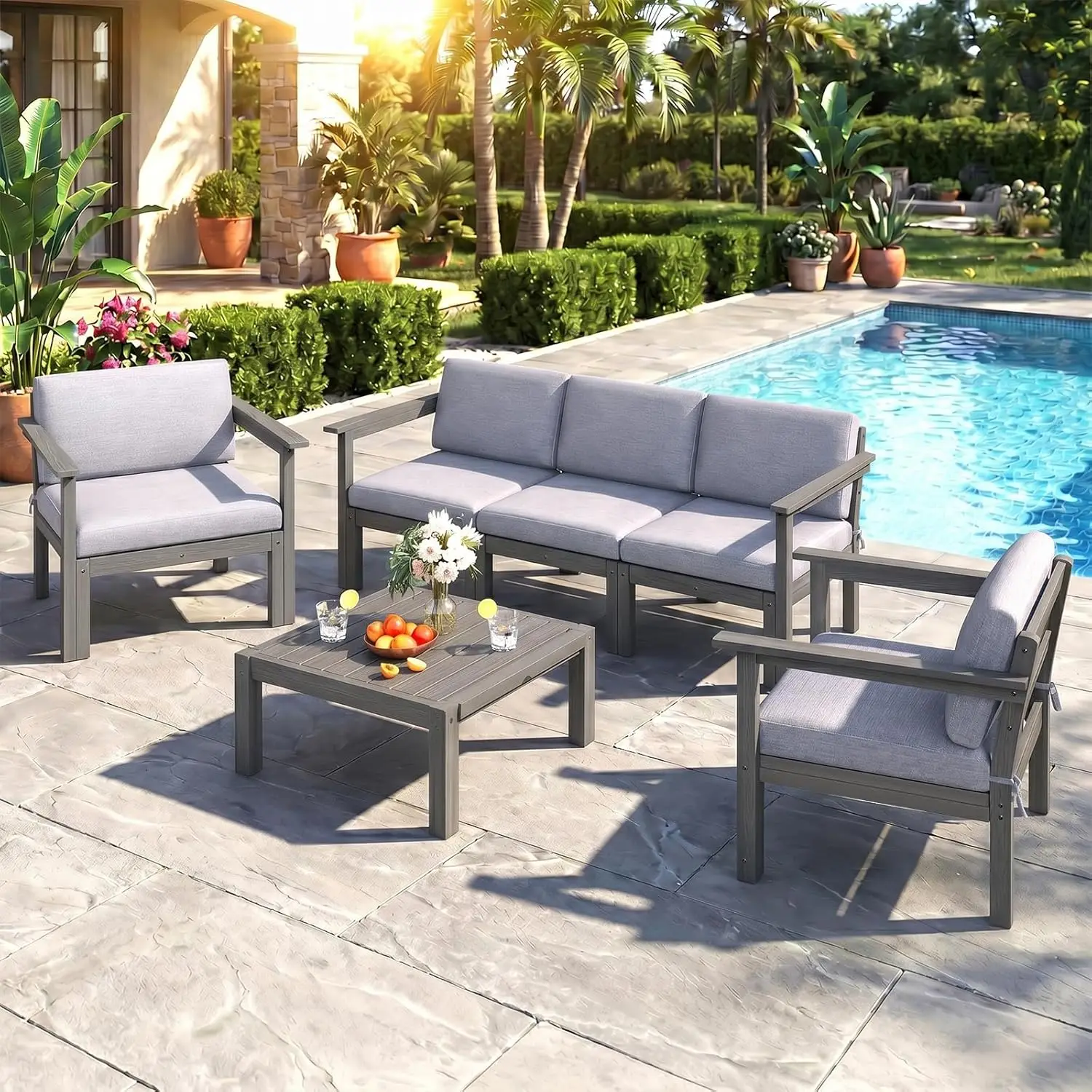 

5pc Modular Outdoor Sectional Sofa Set w/ Table Cushions Interlock Detachable Armrest All-Weather Backyard Deck Poolside, Custom